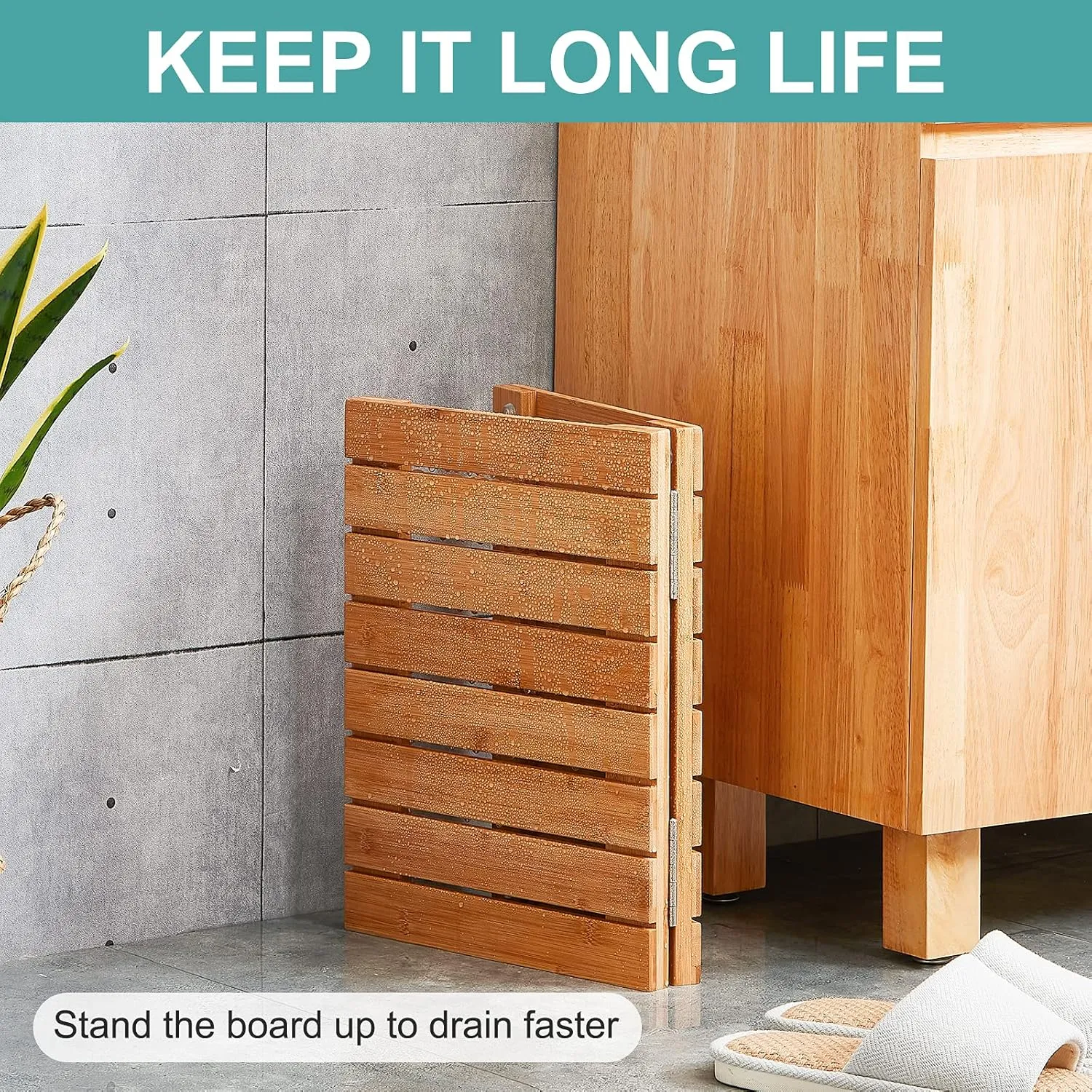 Waterproof Bamboo Bath Mat for Shower, Wooden Floor Mat for Bathroom, Foldable | Non-Slip | Heavy Duty, Shower Mat for Indoor Outdoor, 23.5in x 15.6in