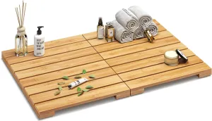 Waterproof Bamboo Bath Mat for Shower, Wooden Floor Mat for Bathroom, Foldable | Non-Slip | Heavy Duty, Shower Mat for Indoor Outdoor, 23.5in x 15.6in