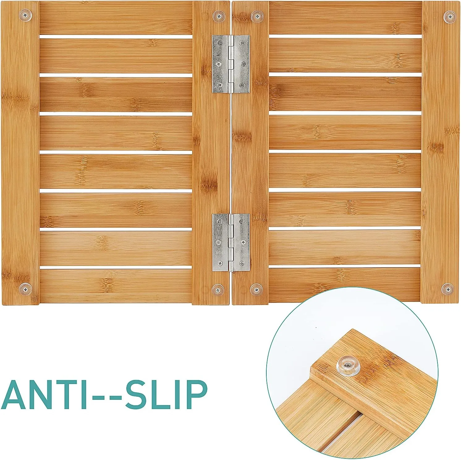 Waterproof Bamboo Bath Mat for Shower, Wooden Floor Mat for Bathroom, Foldable | Non-Slip | Heavy Duty, Shower Mat for Indoor Outdoor, 23.5in x 15.6in