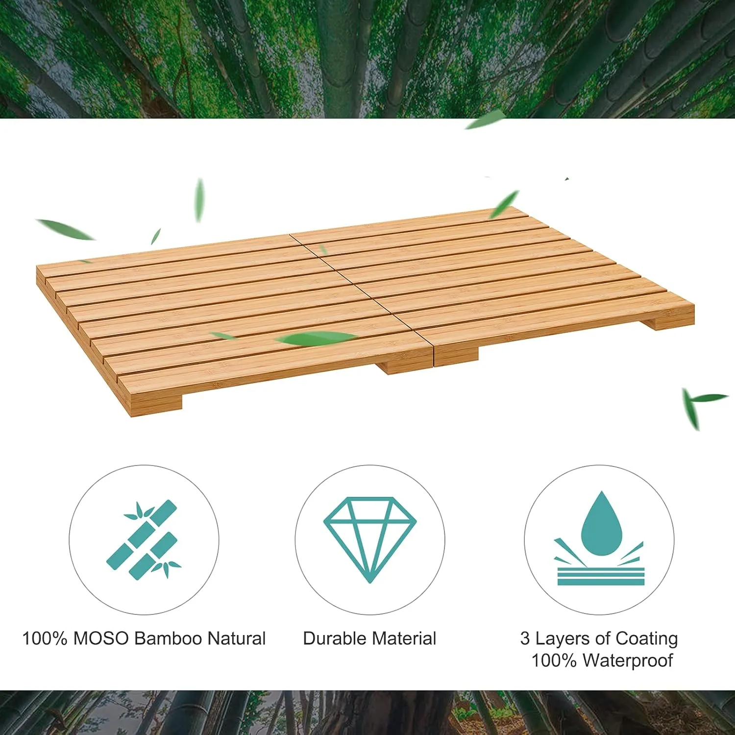 Waterproof Bamboo Bath Mat for Shower, Wooden Floor Mat for Bathroom, Foldable | Non-Slip | Heavy Duty, Shower Mat for Indoor Outdoor, 23.5in x 15.6in