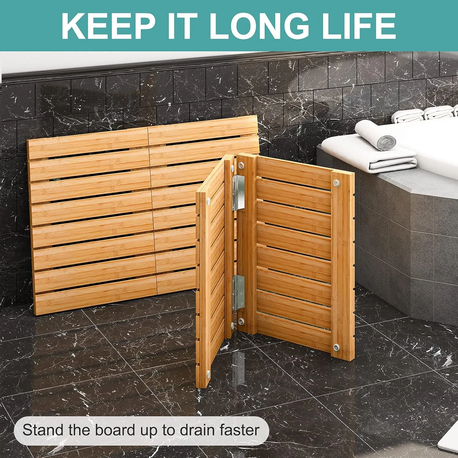 Waterproof Bamboo Bath Mat for Shower, Wooden Floor Mat for Bathroom, Foldable | Non-Slip | Heavy Duty, Shower Mat for Indoor Outdoor, 23.5in x 15.6in