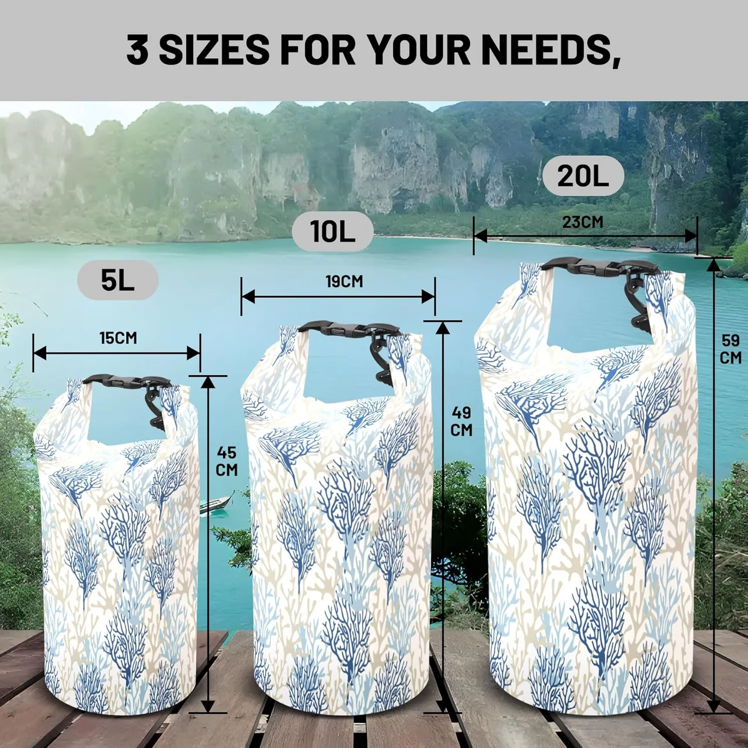Waterproof Dry Bag,Roll Top Coastal Summer Beach Coral Waterproof Backpack 5L/10L/20L Floating and Lightweight Bags for Kayaking, Boating, Fishing, Swimming and Camping