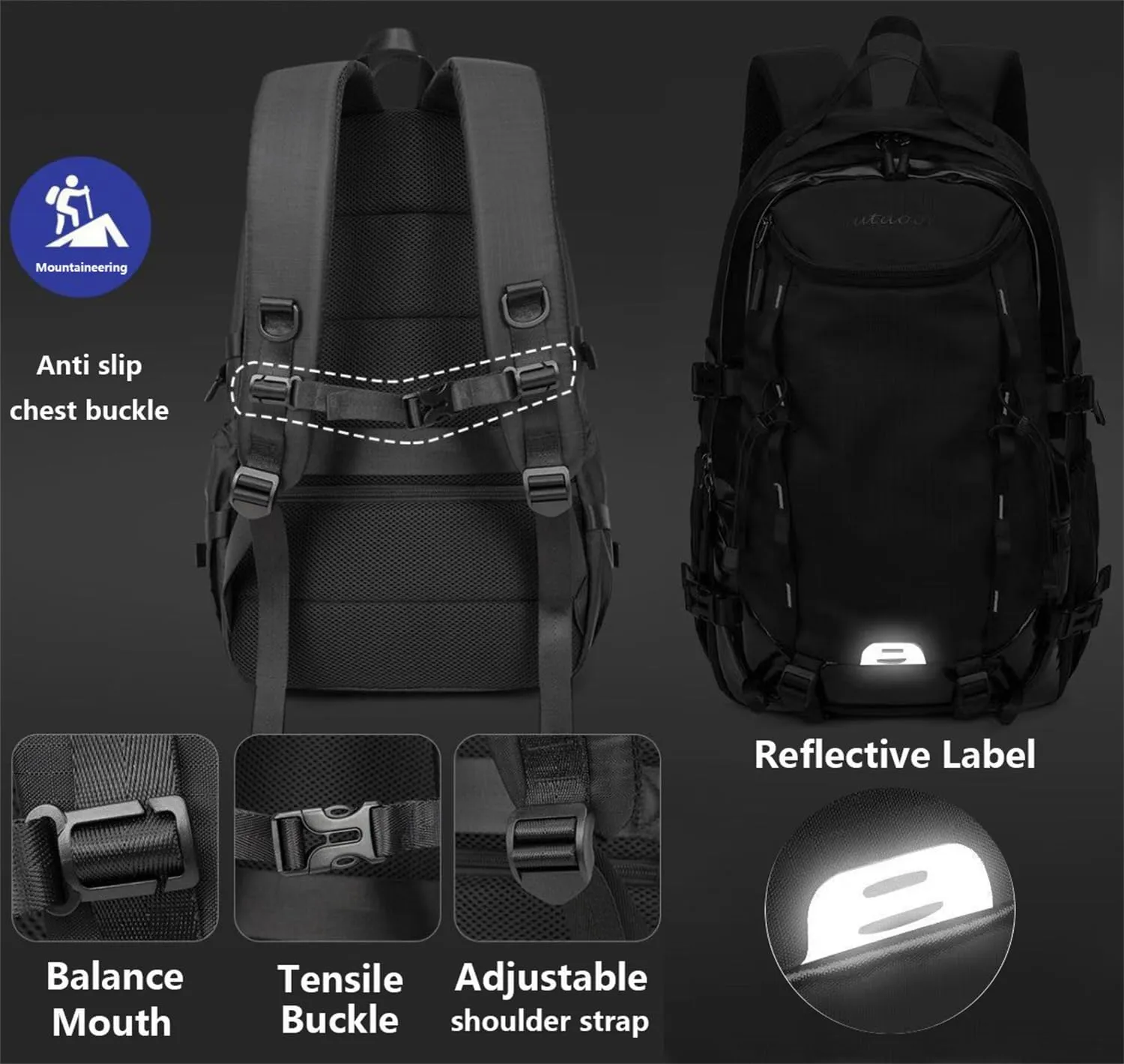 Waterproof Hiking Backpack - Outdoor Sport Daypack with Rain Cover (Black,40L)