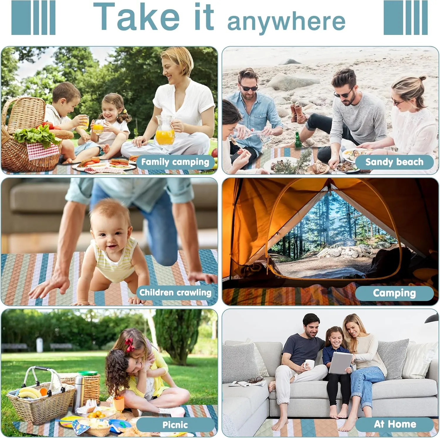 Waterproof Picnic Blanket 80" x 80" in Portable with Carry Strap for Beach Mat or Family Outdoor Camping Party, Park Blanket for Grass Park, Hiking, Travel, Concerts (Crystal Blue & Orange, 80" x 80")