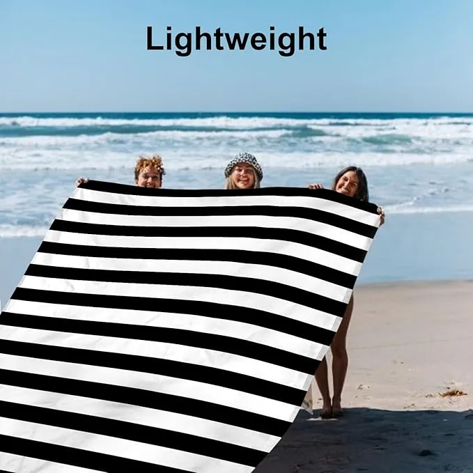 Waterproof Sandproof Beach Blanket, 78''×86'' Large Outdoor Picnic Blanket for 4 Adults, Compact Beach Mat Sand Free for Travel, Camping, Beach Accessories Essentials for Vacation-Black & White Stripe
