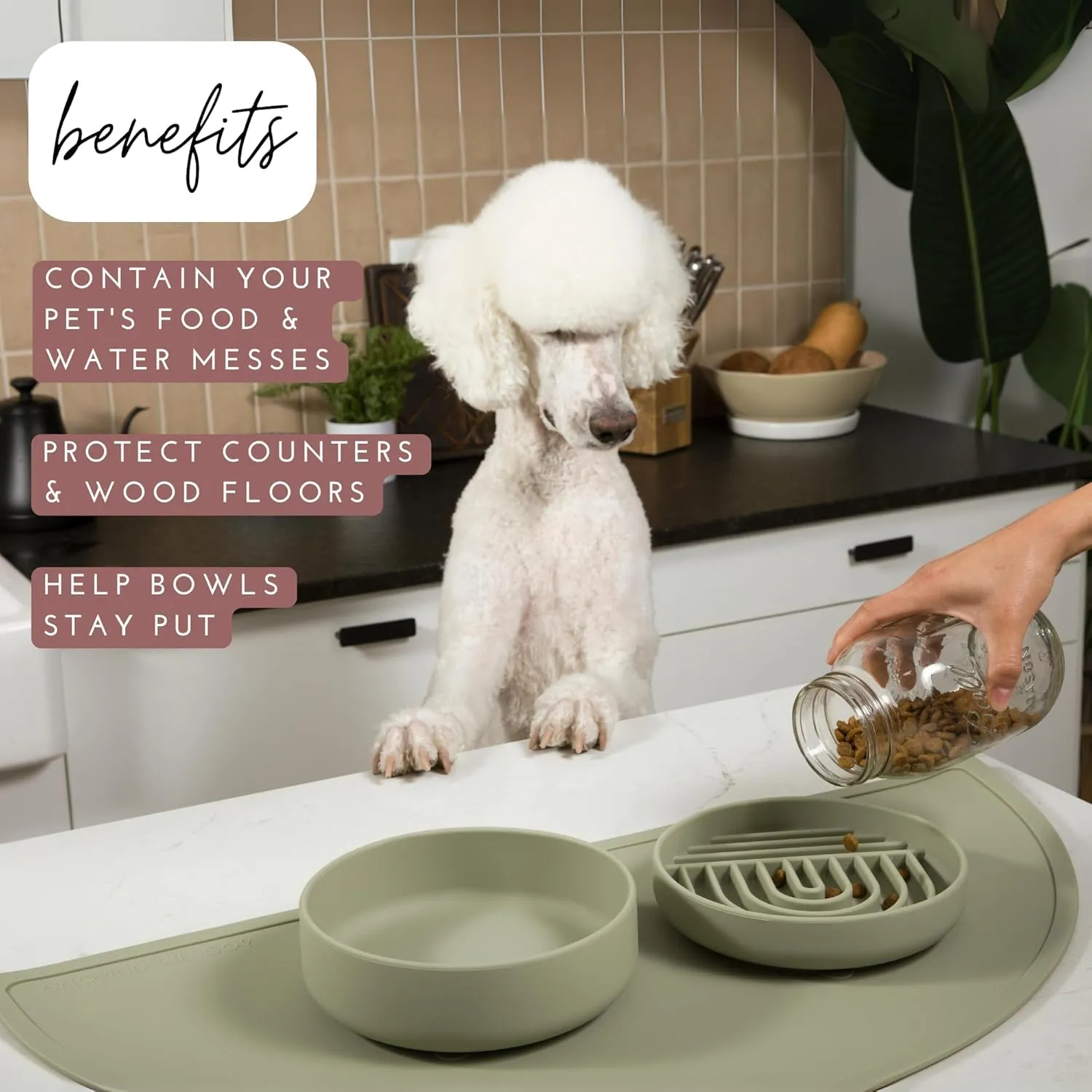 Waterproof Silicone Pet Food Mat - Non-Slip, Spill-Proof Feeding Mats for Floors, Raised Edge Design, Easy-to-Clean, Durable Flexible Rubber Mat for Dog & Cat Bowls, Large-Sage