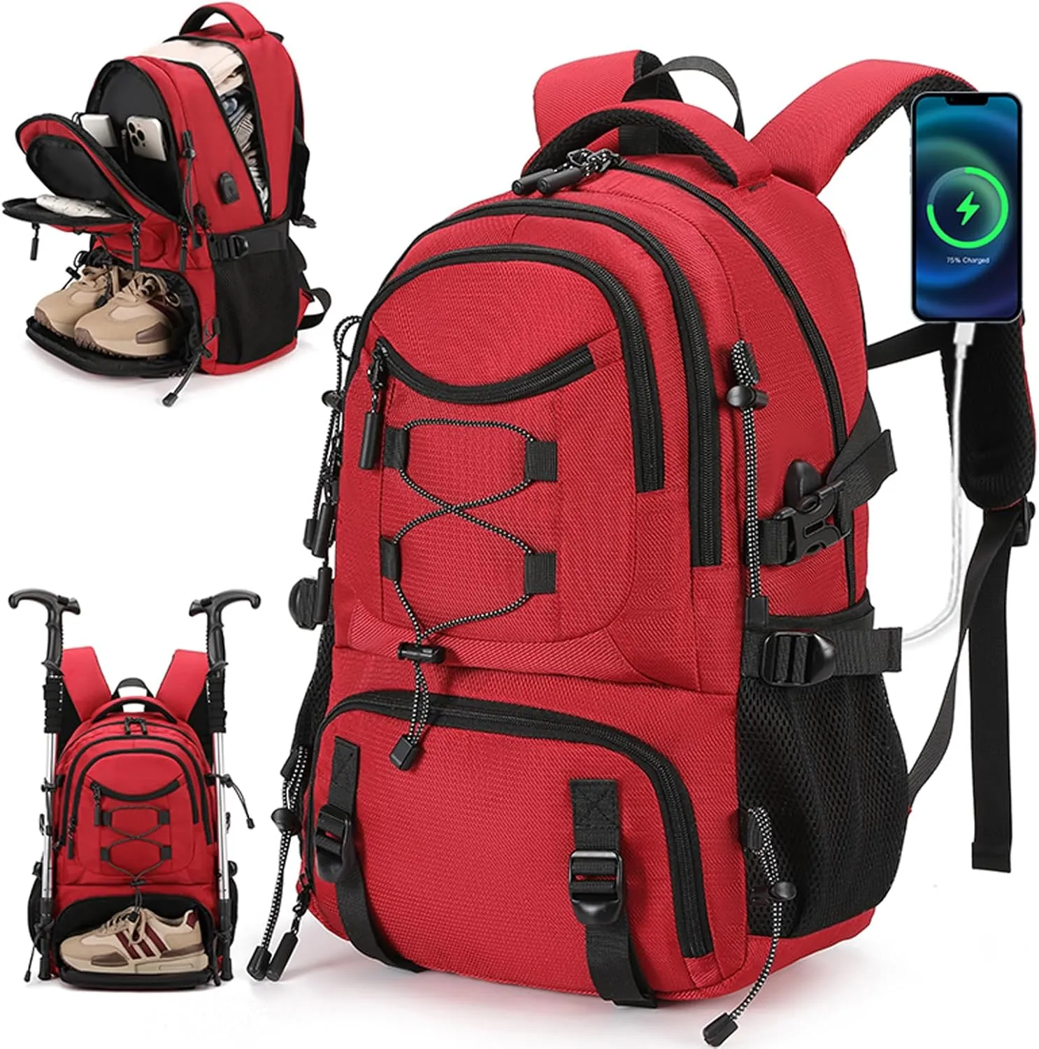 Waterproof Travel Laptop Backpack for Men & Women Anti-Theft Hiking Backpack with Shoe Compartment, Fits 16" Laptop,Red