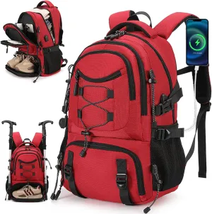 Waterproof Travel Laptop Backpack for Men & Women Anti-Theft Hiking Backpack with Shoe Compartment, Fits 16" Laptop,Red