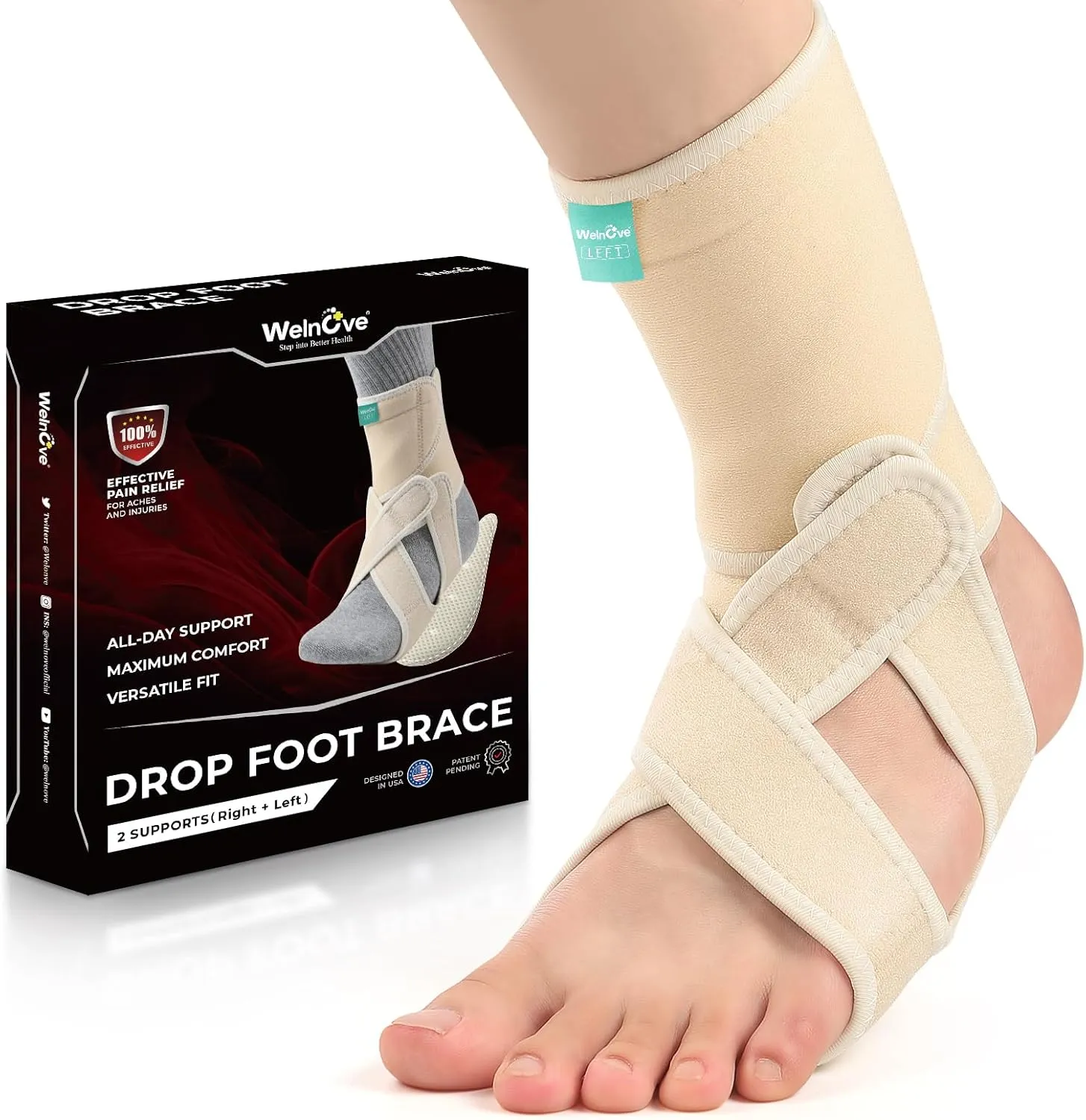 Welnove 2 Pack Drop Foot Brace with Arch Support，AFO Brace for Walking ，Relieve The Instability of Lower Limbs by Foot Drop, MS, TBI, Spinal Cord Injury, Cerebral Palsy(Beige, Include Left and Right)