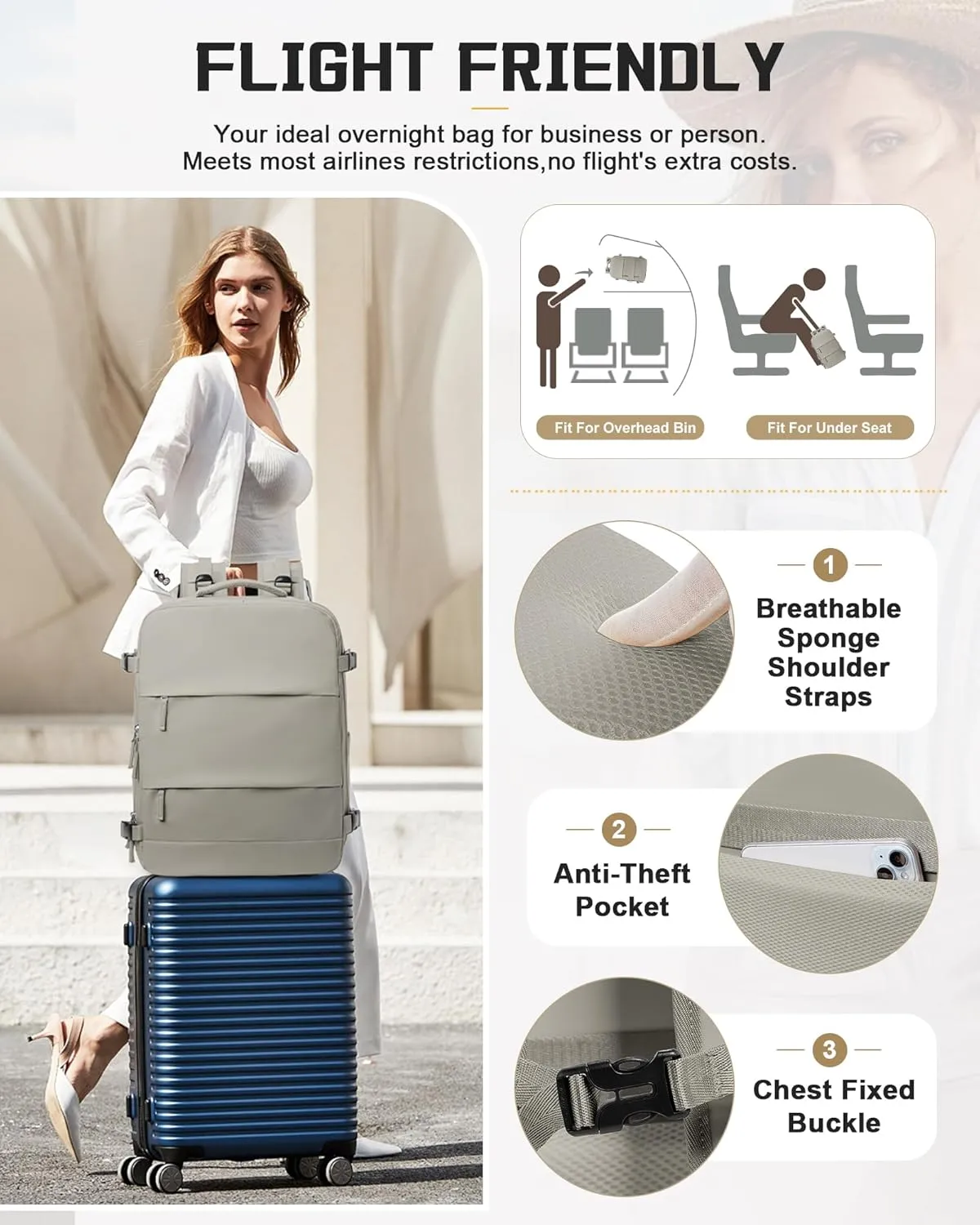 wepadre Travel Backpack Carry on Flight Approved Carry on Backpack for Airplanes Personal Item Travel Bag 18x14x8 Inches Traveling Backpacks for Men Women Mochila de Viaje Greyish Brown
