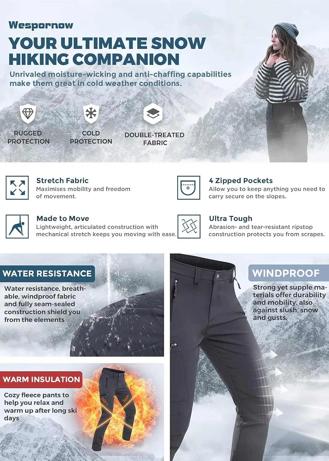 Wespornow Women's-Fleece-Lined-Hiking-Pants Snow-Ski-Pants Water-Resistance-Outdoor-Softshell-Insulated-Pants for Winter