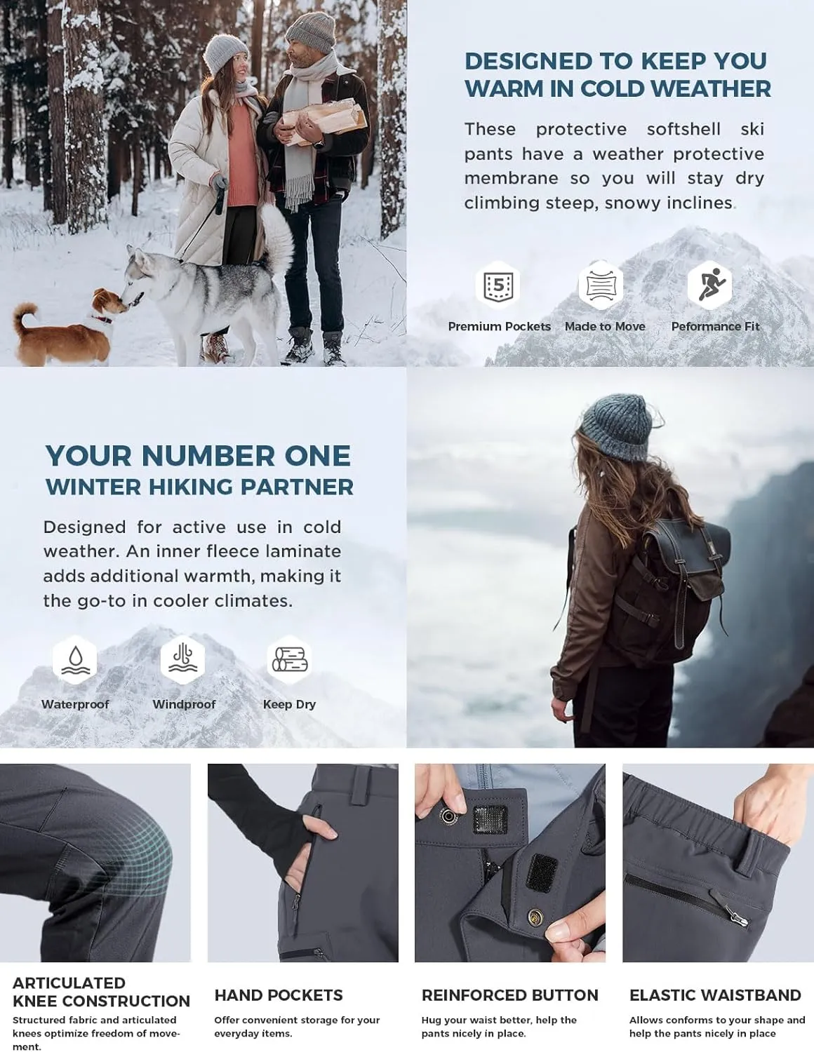 Wespornow Women's-Fleece-Lined-Hiking-Pants Snow-Ski-Pants Water-Resistance-Outdoor-Softshell-Insulated-Pants for Winter