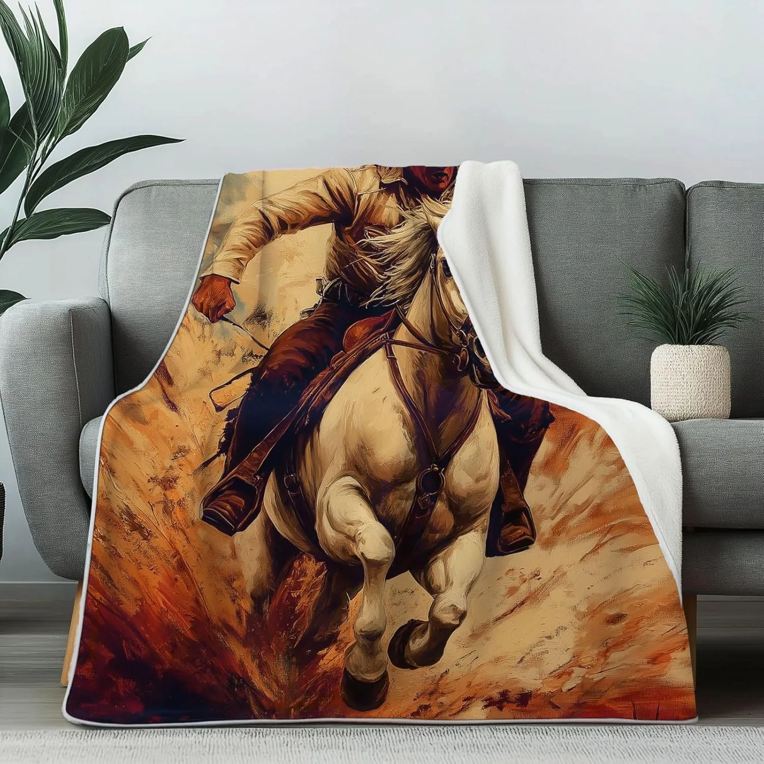 Western Cowboy Throw Blankets, Grassland Running Horse Blankets, Vintage Oil Painting Flannel Blanket, Cozy Warm Soft Fluffy 108"x90", Suitable for Couch Bed Living Room Picnic Camping