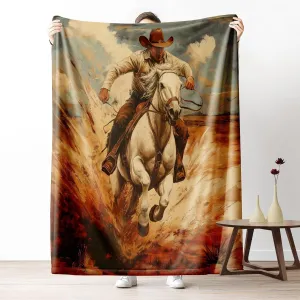 Western Cowboy Throw Blankets, Grassland Running Horse Blankets, Vintage Oil Painting Flannel Blanket, Cozy Warm Soft Fluffy 108"x90", Suitable for Couch Bed Living Room Picnic Camping