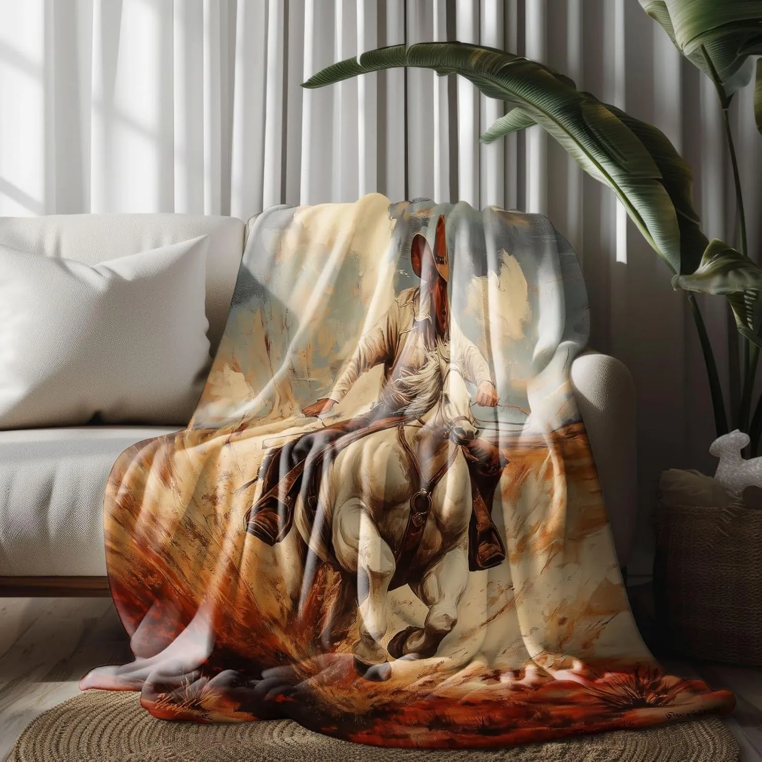 Western Cowboy Throw Blankets, Grassland Running Horse Blankets, Vintage Oil Painting Flannel Blanket, Cozy Warm Soft Fluffy 108"x90", Suitable for Couch Bed Living Room Picnic Camping