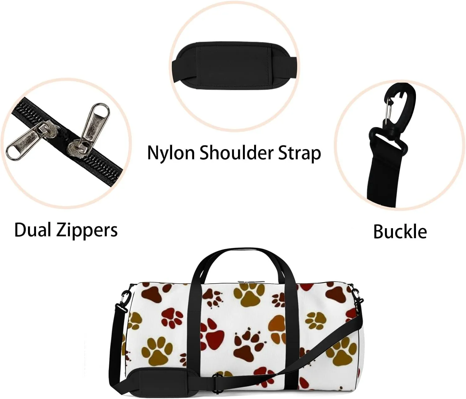 White Cute Kawaii Cat Paw Pattern Sports Bag Tote Bag Waterproof Gym Bag with Shoulder Strap Zipper 2 Side Pockets for Men and Women, Travel and Storage Shoulder Bag.