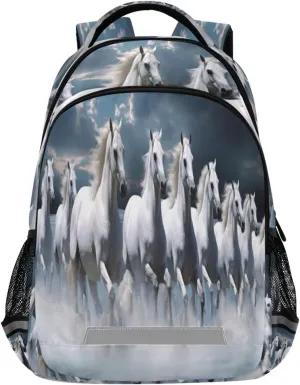 White Horses Design Waterproof Backpack - Casual Outdoor Sports Daypack with Ergonomic Shoulder Straps#732