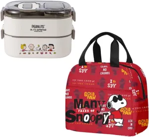 White puffy dog ALL-IN-ONE Double Layer Stackable Bento Box with a Spork   Red Matching Lunch Bag with Front Pocket, Handle & Zipper