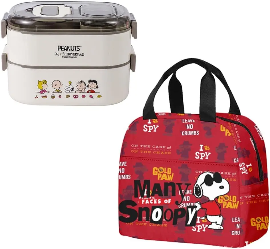 White puffy dog ALL-IN-ONE Double Layer Stackable Bento Box with a Spork   Red Matching Lunch Bag with Front Pocket, Handle & Zipper