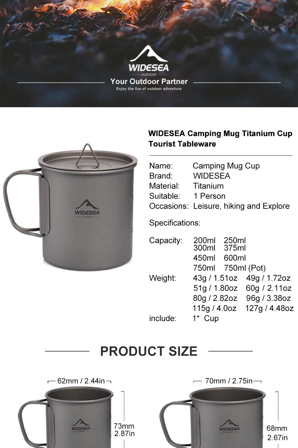 Widesea Ultralight Camping Mug - Titanium Cup and cookware set