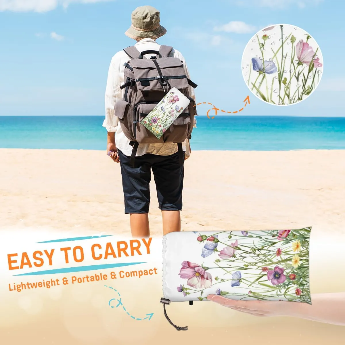 Wildflower Beach Blanket, Sandproof Beach Mat, Adults Waterproof Quick Drying Sand Free Mat with 4 x Ground Spikes for Outdoor Travel Camping Hiking, Floral Plant Leaves Flower