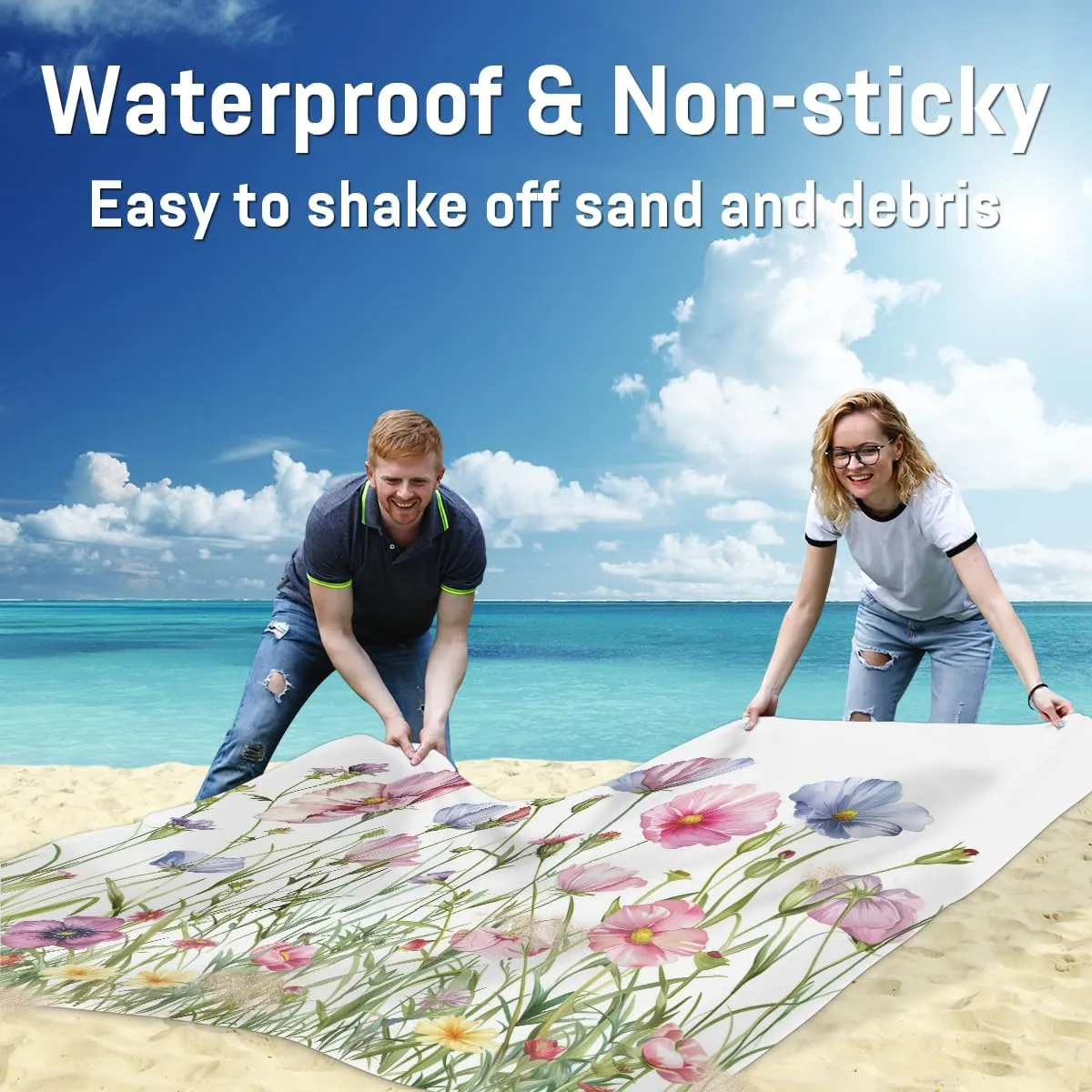 Wildflower Beach Blanket, Sandproof Beach Mat, Adults Waterproof Quick Drying Sand Free Mat with 4 x Ground Spikes for Outdoor Travel Camping Hiking, Floral Plant Leaves Flower