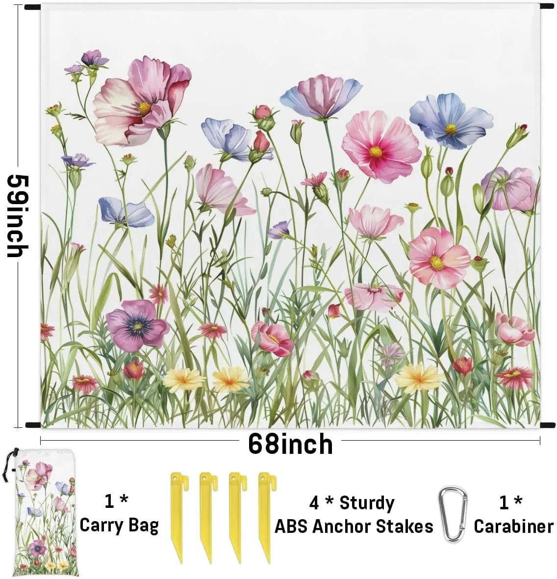 Wildflower Beach Blanket, Sandproof Beach Mat, Adults Waterproof Quick Drying Sand Free Mat with 4 x Ground Spikes for Outdoor Travel Camping Hiking, Floral Plant Leaves Flower