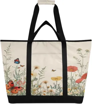 Wildflowers Butterfly Reusable Insulated Lunchbox Cooler Bag, Leakproof Kitchen Grocery Bag Collapsible Portable Cooler Tote Bag for Picnic, Camping, Office, Travel