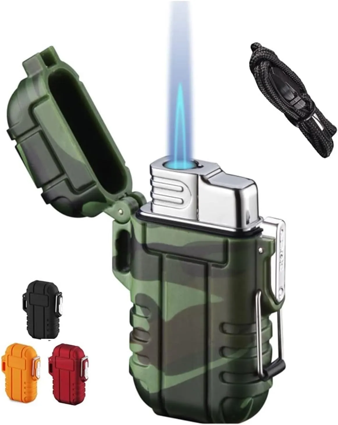 Windproof and Waterproof Lighter Outdoor Portable Lighter, Butane blowtorch Lighter, Butane Lighter with Safety Lock, Windproof Jet Flame Lighter with Gift Box, (Butane not Included)(Green)