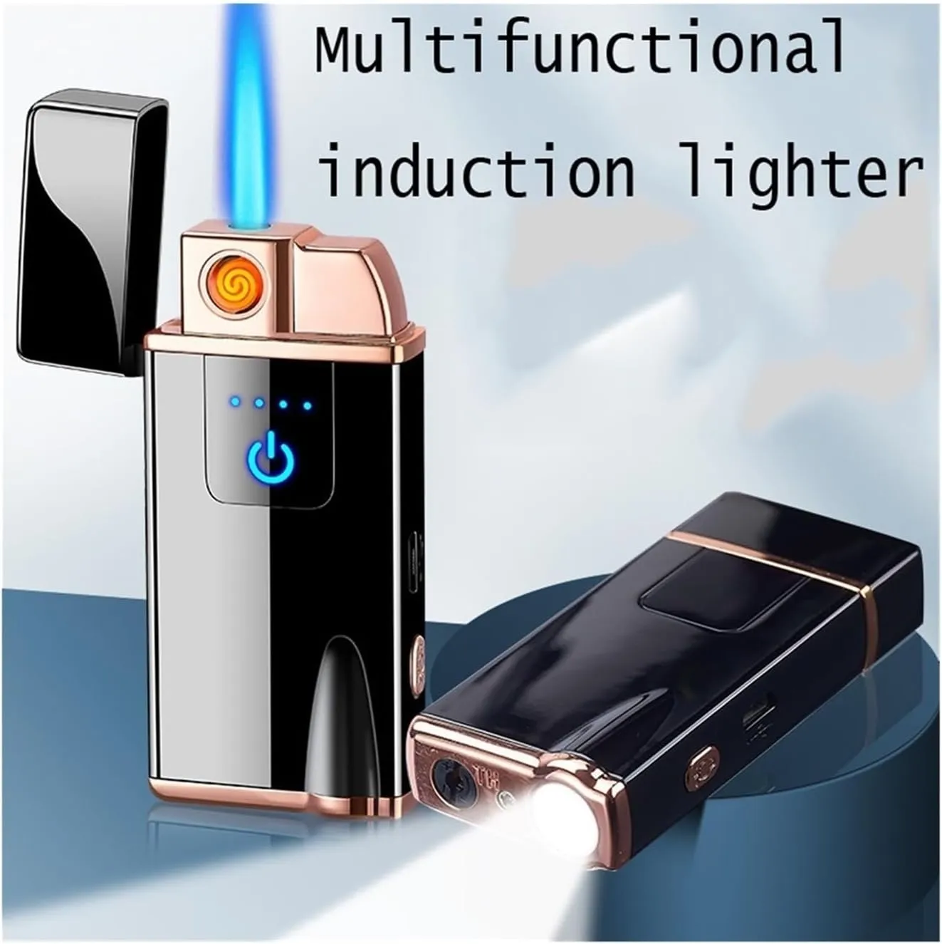 Windproof Butane Smart Induction Lighter,Blue Flame Can Be Illuminated Suitable for Candle Camping (Butane Not Included)(Gold)