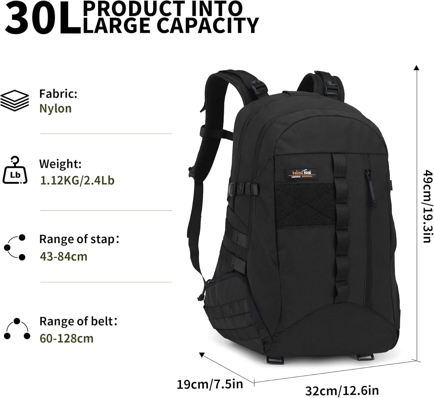 WindTook 30L Military Tactical Backpack for Men and Women,Molle Hiking daypacks Assault Pack 3 Day Bug Out Bag for Camping Travel Army Hunting Gym Rucksack Survival (Black)