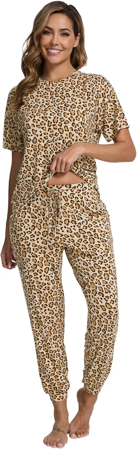 WiWi Viscose from Bamboo Pajamas Set for Women Short Sleeve Loungewear 2 Piece Outfit Long Pants Jogger Sets Pjs S-XXL