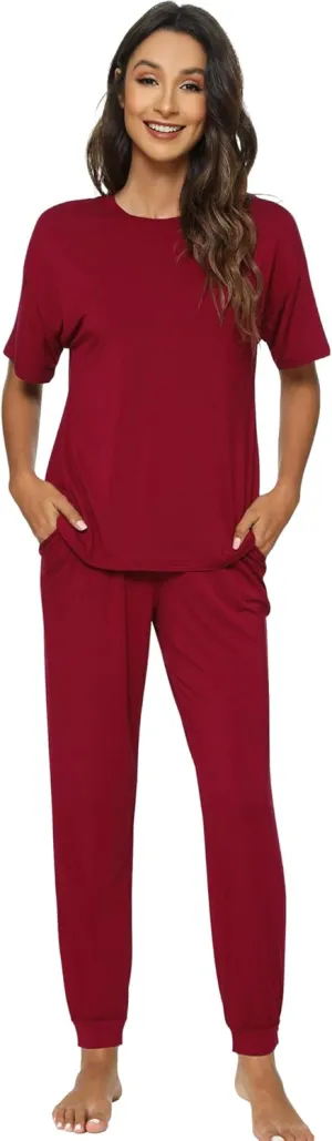 WiWi Viscose from Bamboo Pajamas Set for Women Short Sleeve Loungewear 2 Piece Outfit Long Pants Jogger Sets Pjs S-XXL