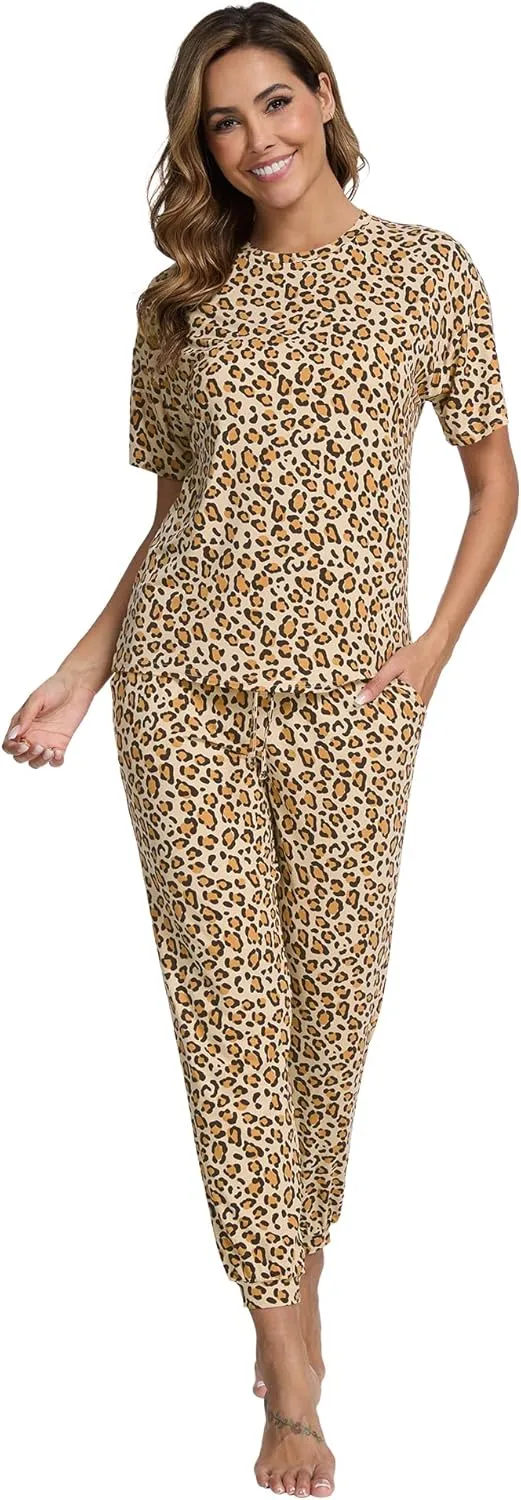 WiWi Viscose from Bamboo Pajamas Set for Women Short Sleeve Loungewear 2 Piece Outfit Long Pants Jogger Sets Pjs S-XXL