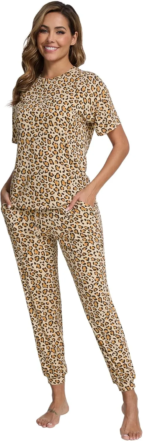 WiWi Viscose from Bamboo Pajamas Set for Women Short Sleeve Loungewear 2 Piece Outfit Long Pants Jogger Sets Pjs S-XXL