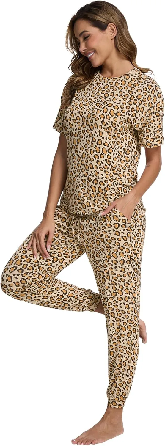 WiWi Viscose from Bamboo Pajamas Set for Women Short Sleeve Loungewear 2 Piece Outfit Long Pants Jogger Sets Pjs S-XXL