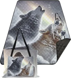 Wolves Snow Winter Cute Picnic Essentials Foldable Waterproof Beach Blanket Sandproof Outdoor Blanket Camping Mat 80" x 60"