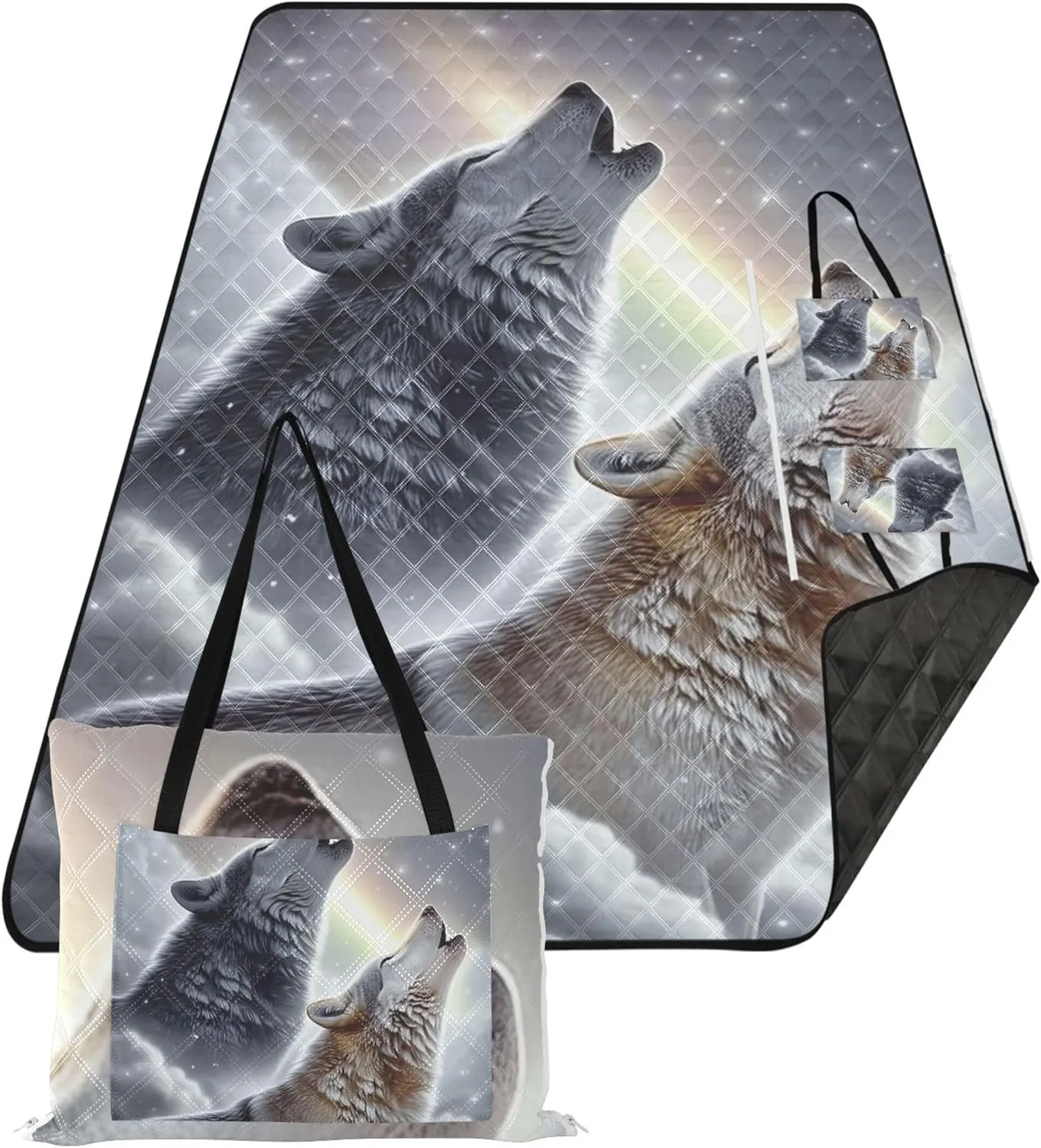 Wolves Snow Winter Cute Picnic Essentials Foldable Waterproof Beach Blanket Sandproof Outdoor Blanket Camping Mat 80" x 60"