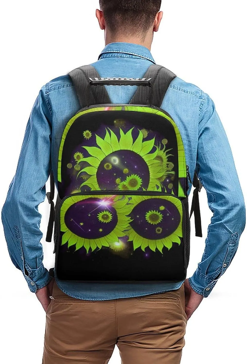 Women Men Polyester Space Sunflowers Art Casual Daypack Large Capacity Bookbag With Side Pockets for Sports Picnic Walking Cycling