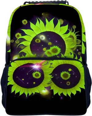 Women Men Polyester Space Sunflowers Art Casual Daypack Large Capacity Bookbag With Side Pockets for Sports Picnic Walking Cycling
