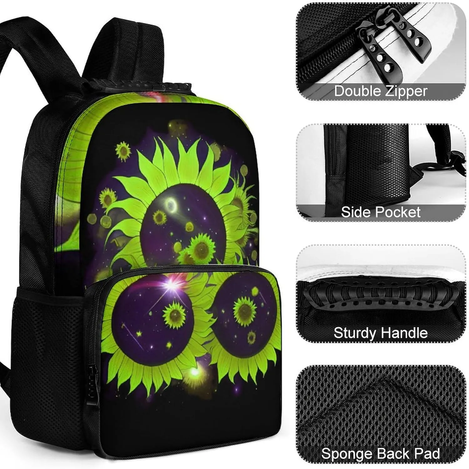 Women Men Polyester Space Sunflowers Art Casual Daypack Large Capacity Bookbag With Side Pockets for Sports Picnic Walking Cycling