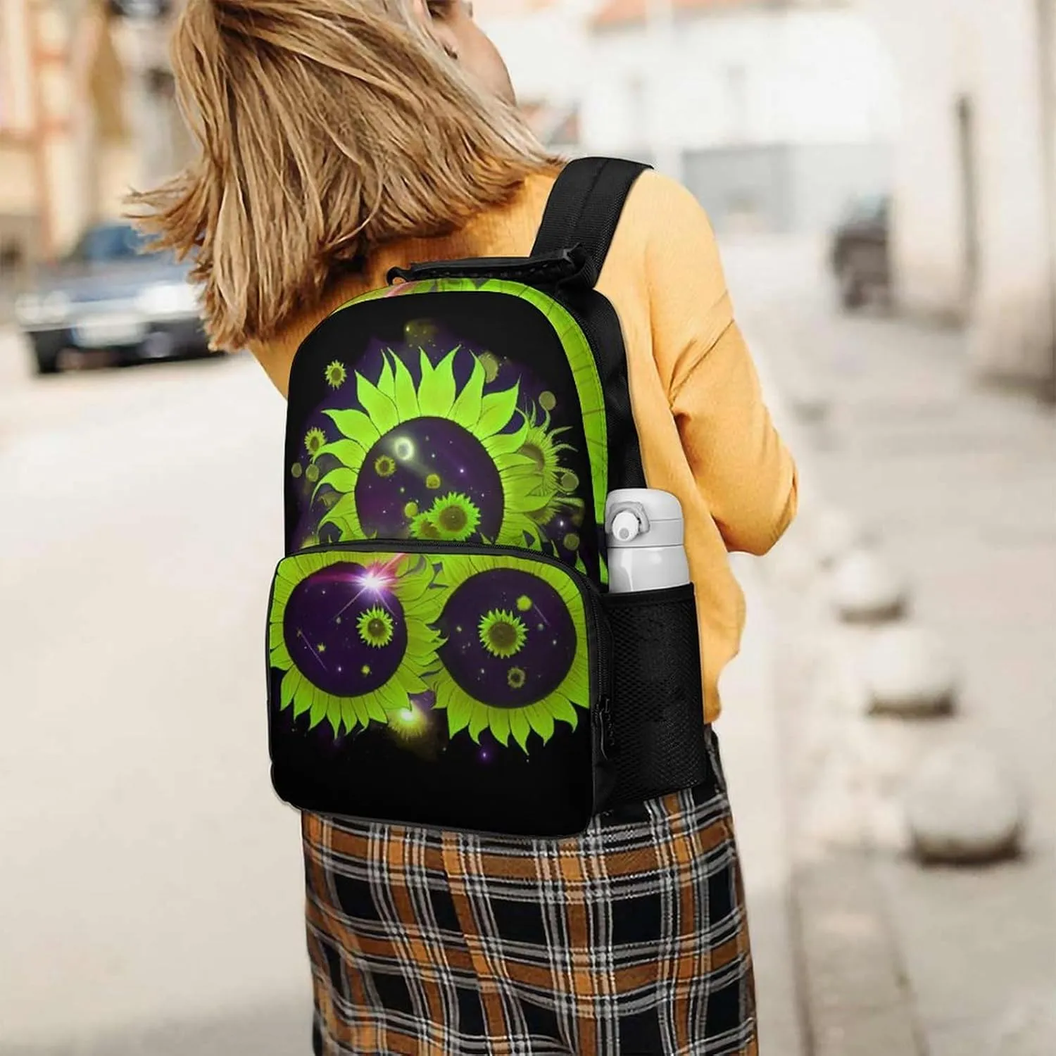 Women Men Polyester Space Sunflowers Art Casual Daypack Large Capacity Bookbag With Side Pockets for Sports Picnic Walking Cycling