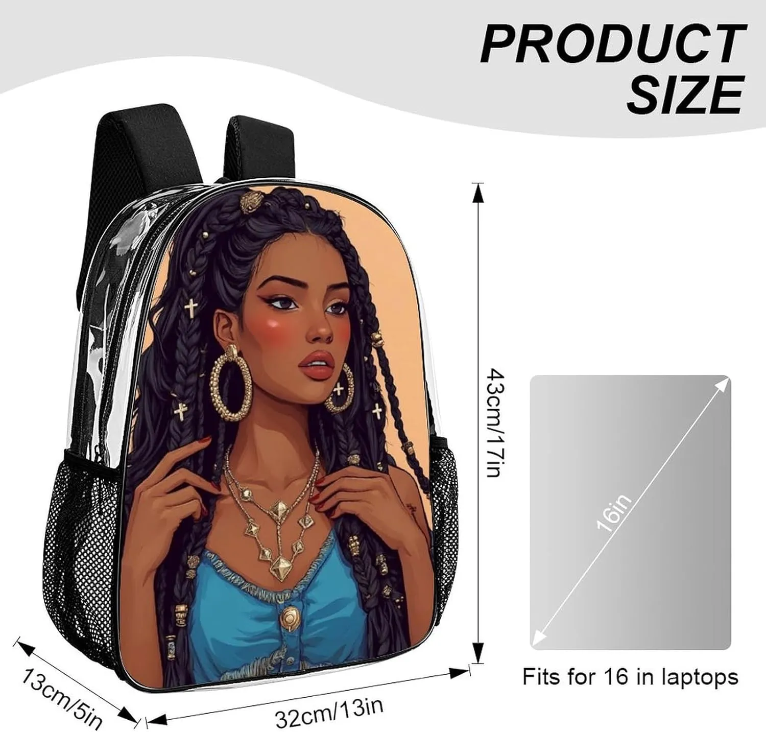 Women Men Transparent African American Black Woman woman Painting Art Casual Daypack Large Capacity Bookbag With Side Pockets for Sports Picnic Walking Cycling