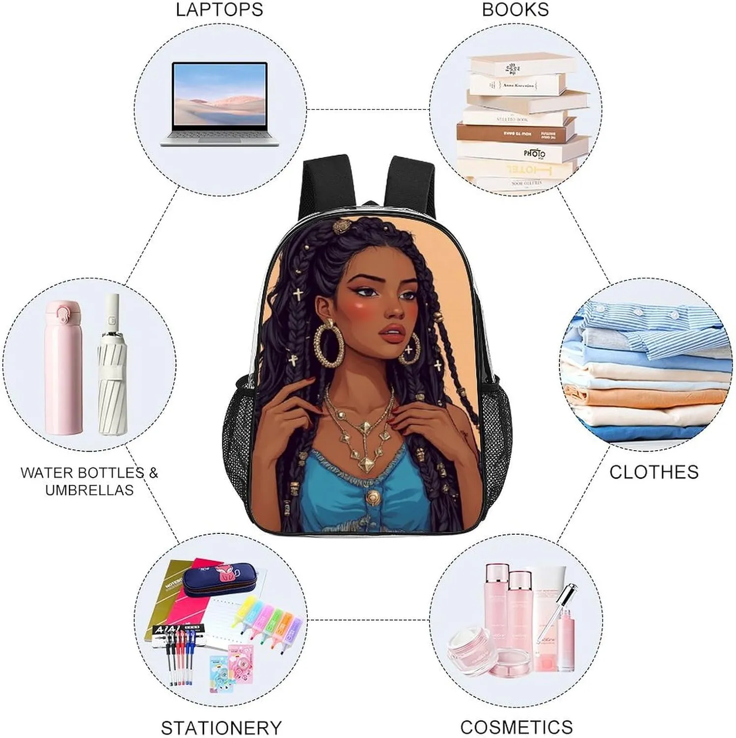 Women Men Transparent African American Black Woman woman Painting Art Casual Daypack Large Capacity Bookbag With Side Pockets for Sports Picnic Walking Cycling