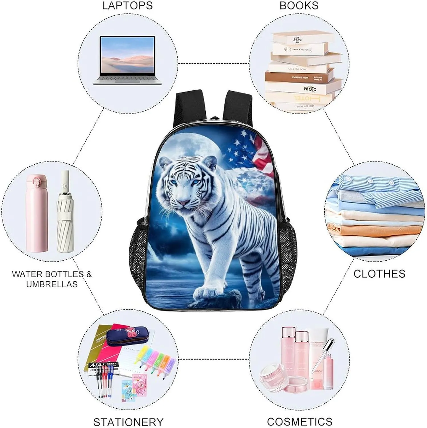 Women Men Transparent American Flag White Tiger Moon Patriotic Art Print Casual Daypack Large Capacity Bookbag With Side Pockets for Sports Picnic Walking Cycling