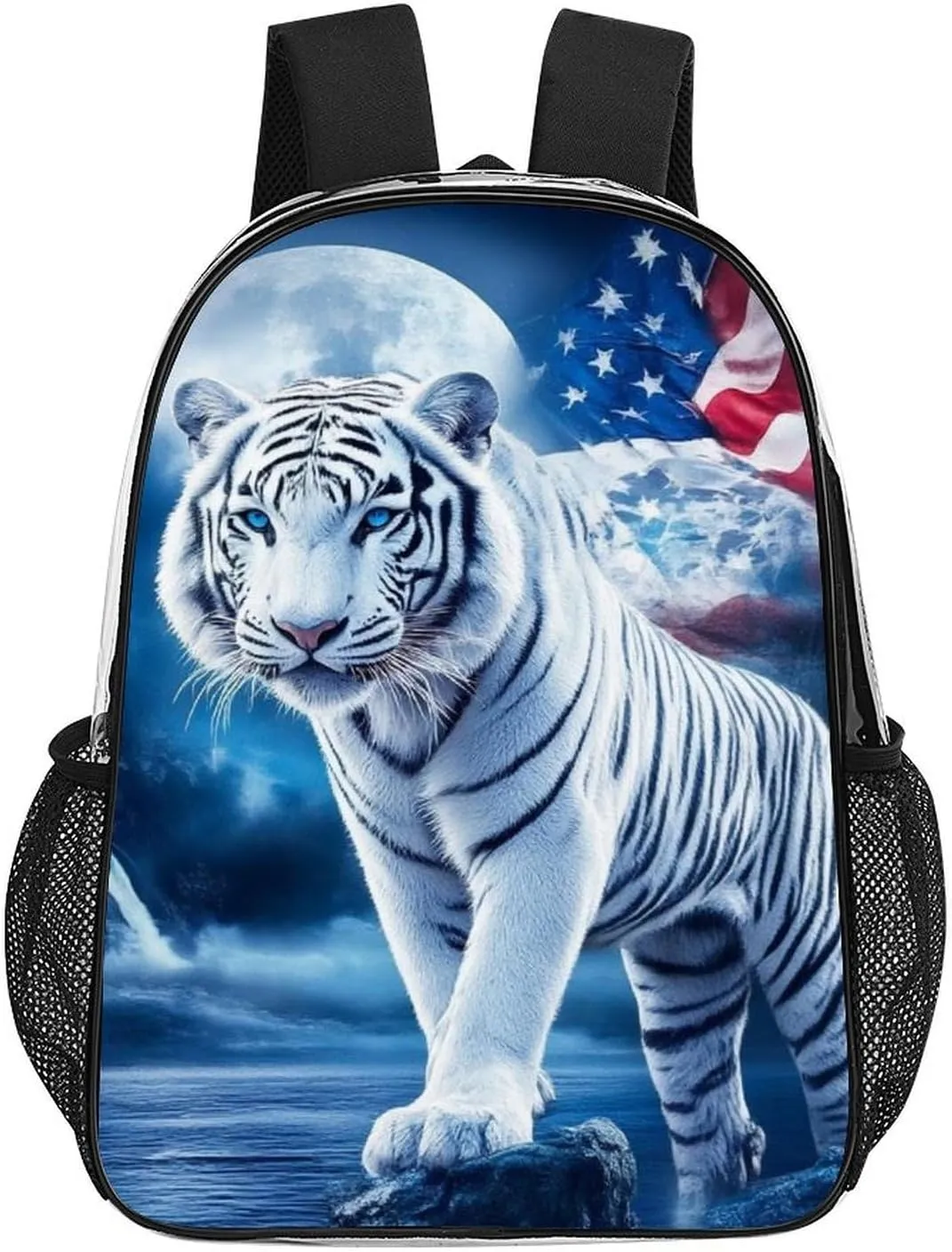 Women Men Transparent American Flag White Tiger Moon Patriotic Art Print Casual Daypack Large Capacity Bookbag With Side Pockets for Sports Picnic Walking Cycling
