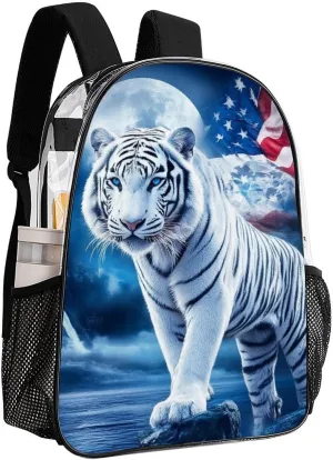 Women Men Transparent American Flag White Tiger Moon Patriotic Art Print Casual Daypack Large Capacity Bookbag With Side Pockets for Sports Picnic Walking Cycling