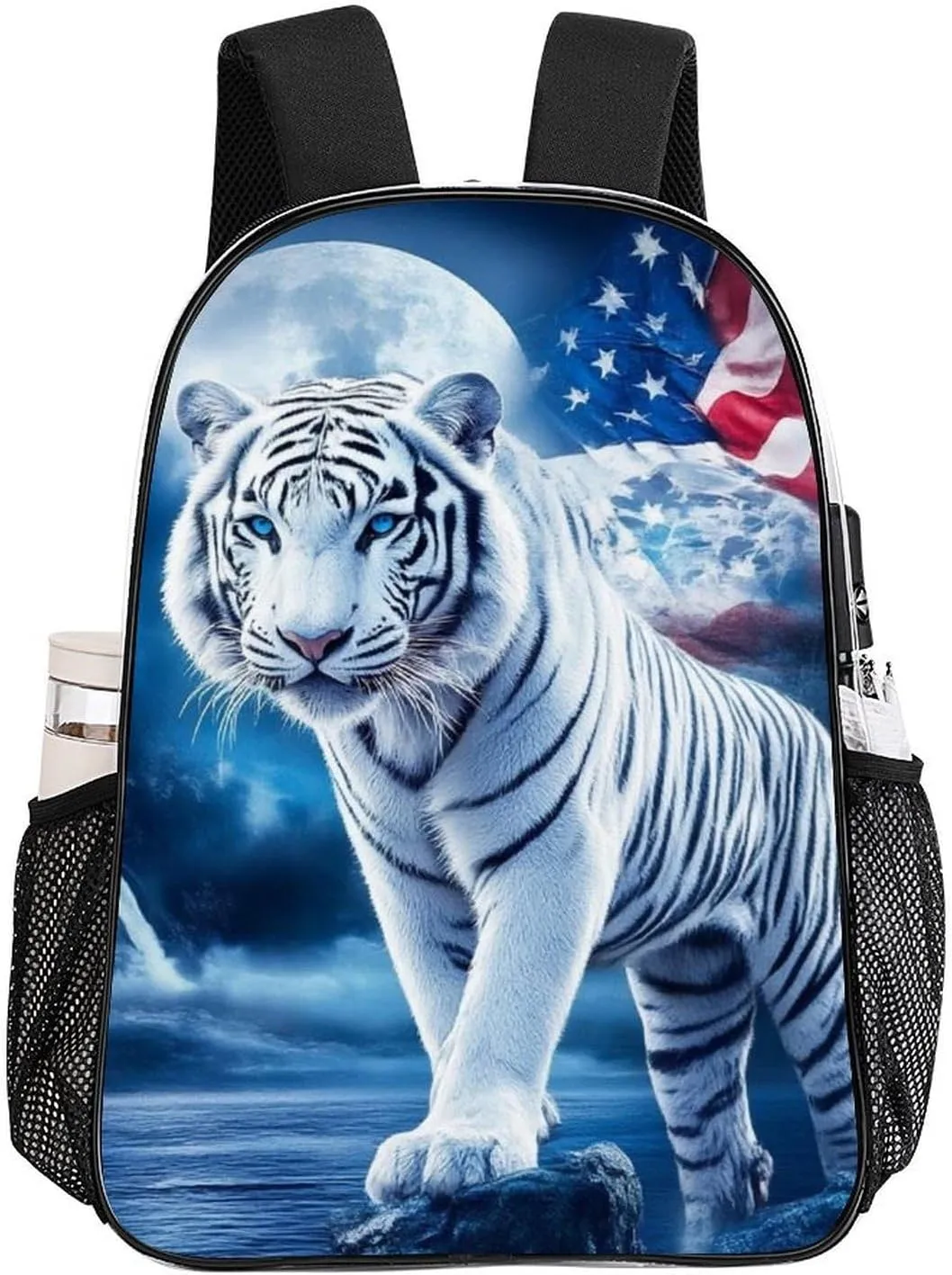 Women Men Transparent American Flag White Tiger Moon Patriotic Art Print Casual Daypack Large Capacity Bookbag With Side Pockets for Sports Picnic Walking Cycling