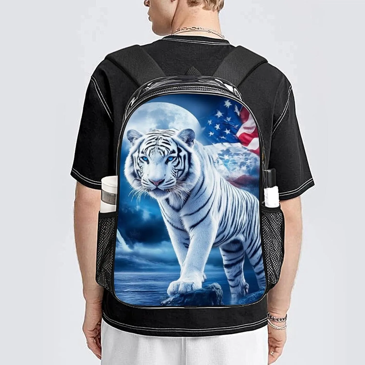 Women Men Transparent American Flag White Tiger Moon Patriotic Art Print Casual Daypack Large Capacity Bookbag With Side Pockets for Sports Picnic Walking Cycling