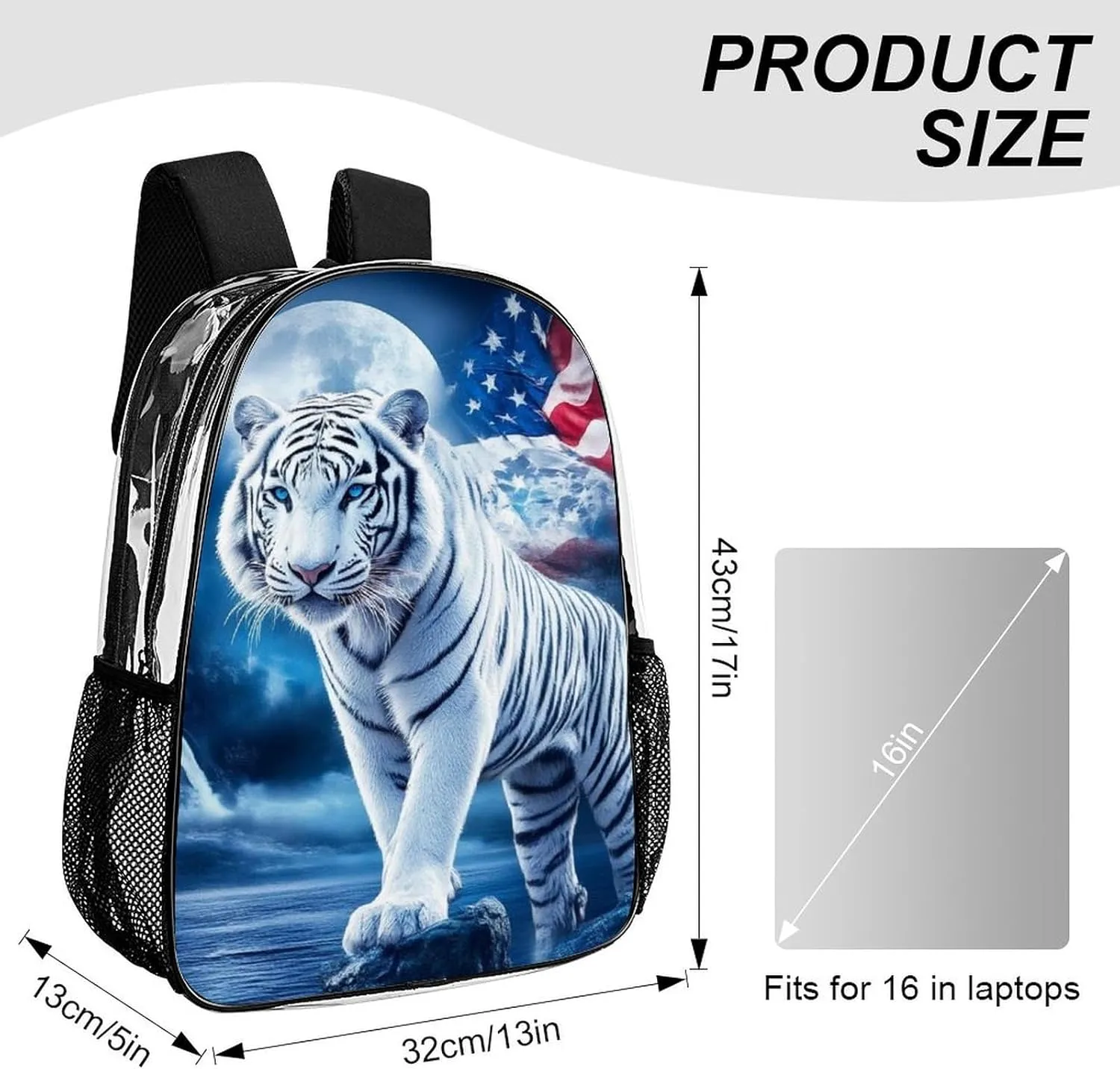 Women Men Transparent American Flag White Tiger Moon Patriotic Art Print Casual Daypack Large Capacity Bookbag With Side Pockets for Sports Picnic Walking Cycling